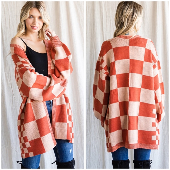 JODIFL Oversized Checkered Rust Open Cardigan - Picture 2 of 4